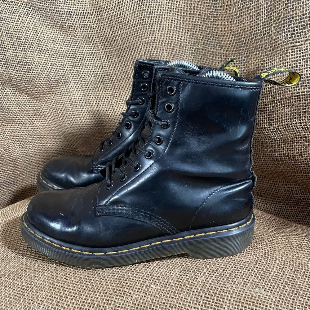 DOC MARTENS Black Patten Leather 8 Eye Boots